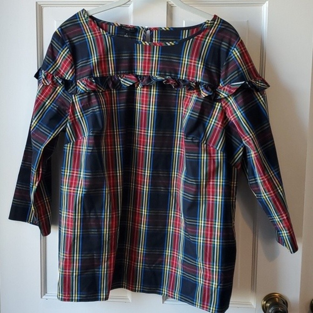 TALBOTS TARTAN PLAID COTTON RUFFLE HOLIDAY COTTAGE BLOUSE SIZE X BLACK RED GREEN